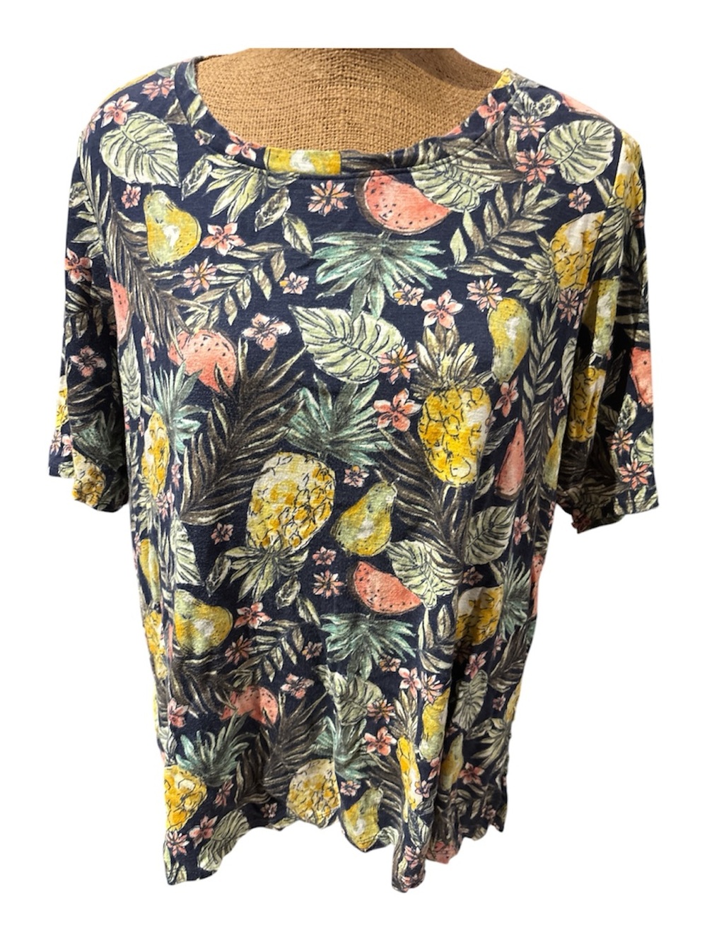 J. Jill Navy Tropical Fruit Print Short-Sleeve Tee with Yellow and Pink Accents